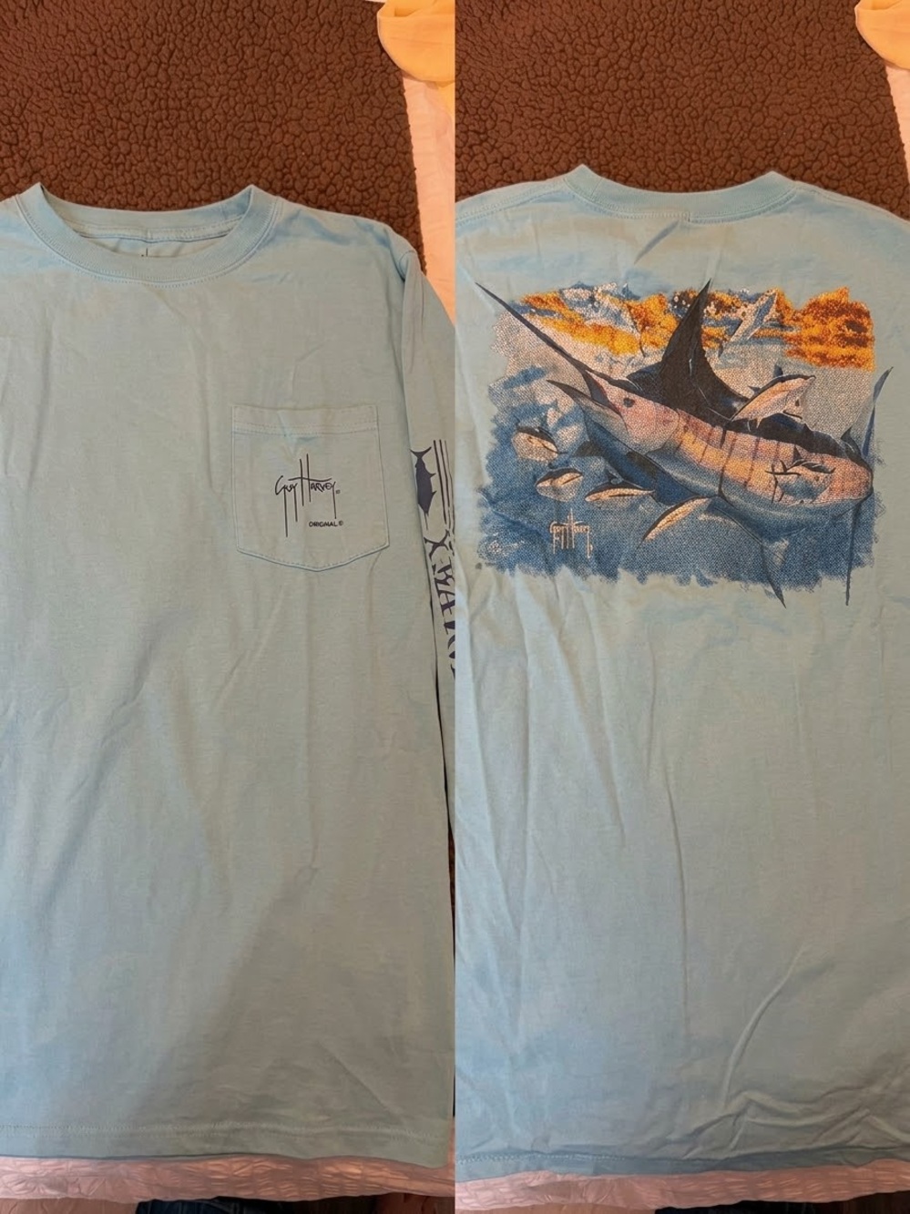 Guy Harvey Sky Blue Short-Sleeve Pocket Tee with Marlin Back Graphic
